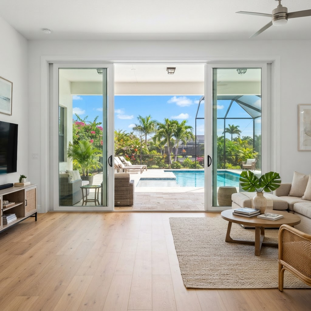 Hurricane impact sliding glass doors opening to a patio
